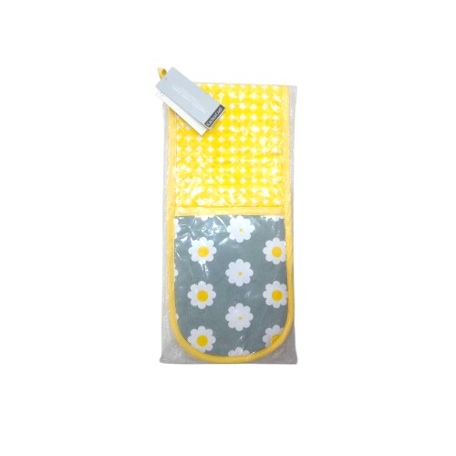 OVEN GLOVE DOUBLE YELLOW/GREY RETRO FLOWER KITCHEN
