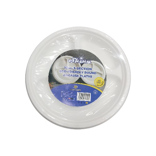 SHINE BAGASSE PLATES 10IN 3 SECTION 25PC