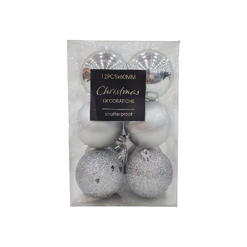 XMAS BALL SILVER 12PCS 60MM